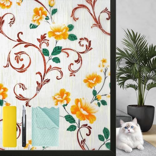 Niviy Stained Glass Window Privacy Film with Installation Tools, 3D Frosted Glass Window Decals UV Protection Sun Blocking Static Clings Non Adhesive Window Stickers for Home 17.5 x 78.7 inch by Niviy