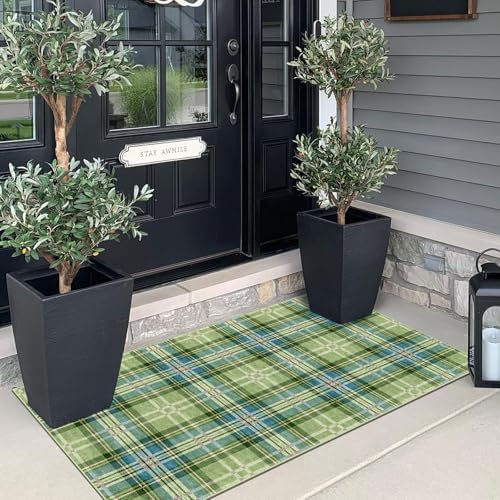 Front Door Mat Indoor Entrance - 2x4.3 Green Teal Tartan Plaid Rug - Image 3