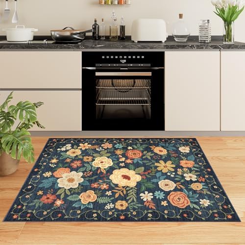 DUKINO 3x5 Area Rug, Floral Washable Rug for Bedroom Non Slip, Navy Blue - Image 4