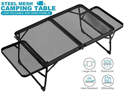 Small Low Camping Table with 2 Wing Panels, Folding Low Picnic & Outdoor Table with 2 Shelves, Lightweight & Easy Carry for Beach, Fishing, Sturdy Steel Mesh Top (3 FT, Black) - Image 3