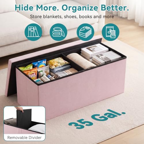 OLIXIS 43 Inch Folding Storage Ottoman Bench, Pink Ottoman with Storage - Image 5
