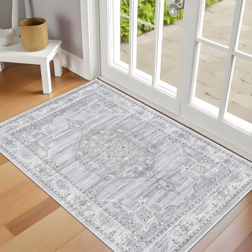 Washable Area Rugs 2x3 Entryway: Soft Ultra Thin Low Pile Mat Machine Washable Indoor Doormat Lightweight Entry Rug Anti Slip Backing Rugs for Living Room Bedroom Kitchen 2'x3' Grey - Image 3