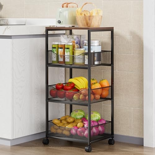 HapiRm Fruit Basket Kitchen Cart - 4-Tier Rolling Storage Cart with Wheels, Fruit Vegetable Basket with Wood Top, Pantry Utility Kitchen Organizer for Fruit Potato Onion Vegetable Bread Snack by HapiRm