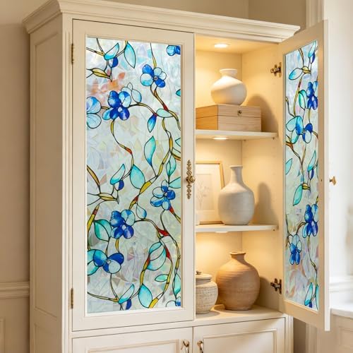 Rainbow Window Privacy Film, Heat & UV Blocking Stained Glass Static Cling with Blue Vine Floral Pattern for Home, Bathroom Window or Door (Installation Tools, 23.6"×78.7") - Image 4