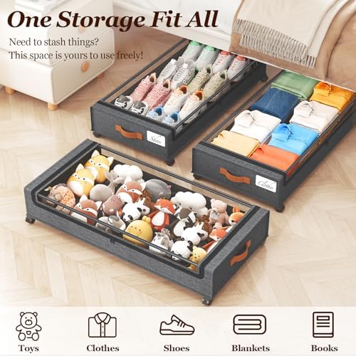Yecaye 70L Under Bed Storage with Wheels, 2Pack Larger Capacity Under Bed Storage Containers, Underbed Shoe Storage Organizer, Rolling Under Bed Metal Drawers for Shoes, Clothes, Hemp Grey - Image 4
