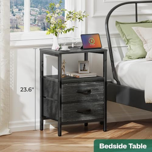 Huuger Nightstand with Charging Station, Side Table with Fabric Drawers - Image 2
