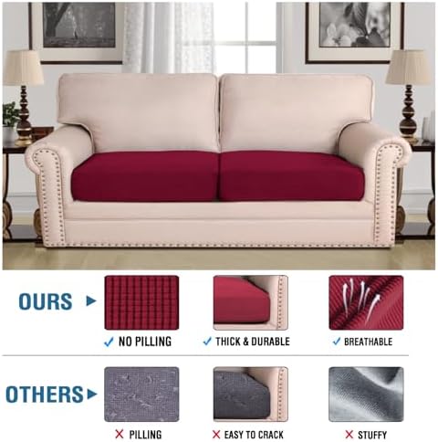 H.VERSAILTEX Super Stretch Individual Seat Cushion Covers Sofa Covers Couch Cushion Covers Slipcover Sets Thick Jacquard Textured Twill Fabric (2 Piece Large Sofa Cushion Covers, Burgundy Red) - Image 2