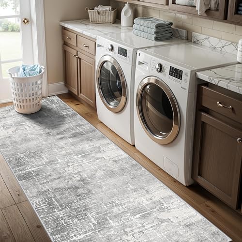 HY HAOYUNLAI Abstract 2x8 Runner: Washable Non-Slip 8ft Hallway Carpet Stain-Resistant Laundry Room Kitchen Area Rug Throw Entryway Foyer Mat Soft Living Room Bedroom Beside Runner Rug(2x8,Light/Grey) - Image 5