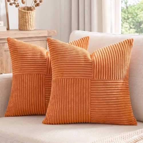 Fancy Homi 2 Packs Burnt Orange Samll Fall Decorative Throw Pillow Covers 12x12 Inch with for Couch Bed Sofa, Farmhouse Boho Home Decor, Soft Corss Patchwork Corduroy Square Cushion Case 30x30 cm - Image 7