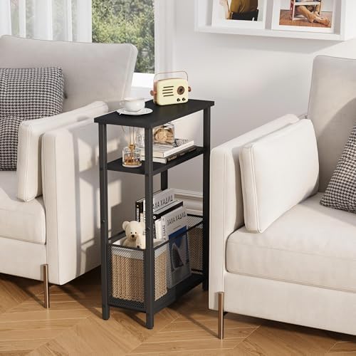 MMEOLUOOK Narrow Side Table with Storage Basket Skinny End Tables for Smalls Spaces 3 Tier Sofa Table Small Nightstand Slim Bedside Table for Living Room Bedroom Black MLBZ22B - Image 4