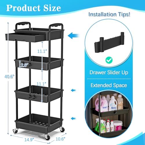 SUNALLY 4 Tier Rolling Cart with Drawer, Craft Storage Cart Organizer,Black - Image 2