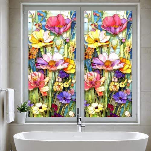 Privacy Window Film 17.5x38.3 Inches, Stained Glass Floral Decorative Window Sticker, Colorful Frosted Glass, Anti-UV, Static Cling for Home, Bathroom, Office (Colorful Flowers) - Image 5