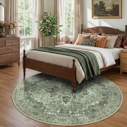 RELEANY Washable Area Rug, Round 8ft, Green/Dark Green/Gray - Image 3