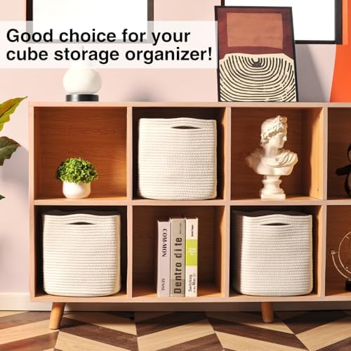 11 Inch Cube Storage Bins, Woven Cotton Rope Basket Off White - Image 4