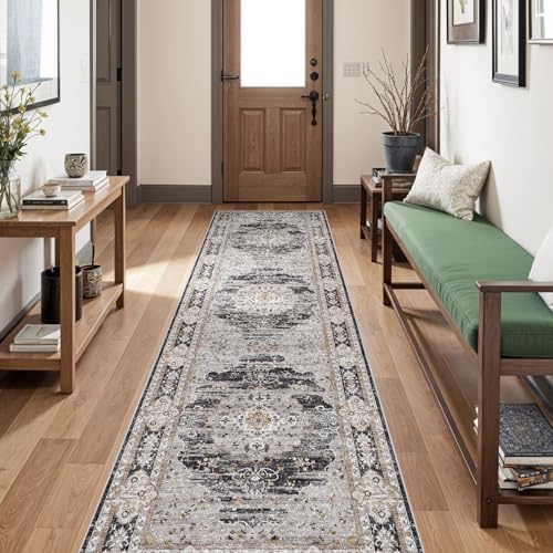 3x10 Washable Hallway Runner Rug - Non-Slip Vintage Kitchen Rugs Black Gray - Image 2