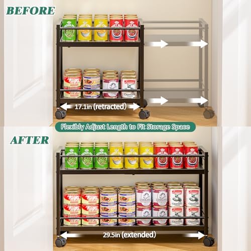 2-Tier Expandable Rolling Pantry Cart with Wheels, Adjustable Floor Organizer for Kitchen Pantry, Can Organizer for Pantry, Storage Cart for Snack, Food, Vegetables, Black, Patent Pending - Image 5