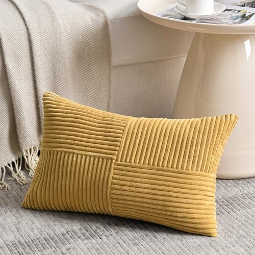 Fancy Homi 2 Packs Mustard Yellow Long Lumbar Decorative Throw Pillow Covers 16x24 Inch for Couch Bed, Rustic Farmhouse Boho Home Decor, Soft Striped Corduroy Rectangle Accent Cushion Case 40x60 cm - Image 2