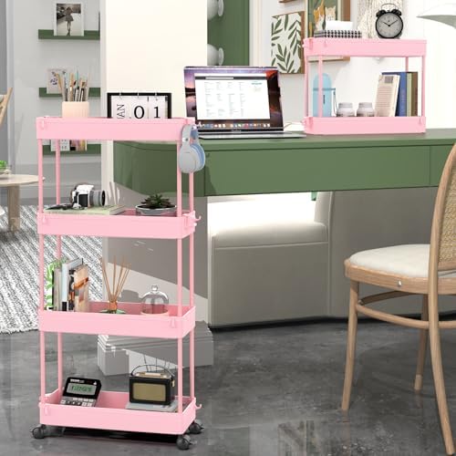 SPACEKEEPER Slim Rolling Storage Cart, 4 Tier Bathroom Cart Organizer, Pink - Image 3