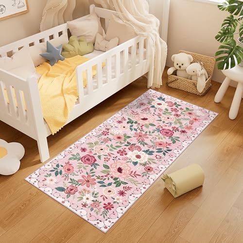 DUKINO 2x5 Runner Rug, Floral Washable Rug for Kitchen Non Slip, Pink - Image 4