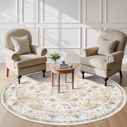 AMADA HOMEFURNISHING Round 8ft Area Rugs, Low-Profile Washable Rug with Non-Slip Backing & Durable Edge Binding, Vintage Rugs for Living Room, Bedroom, Dinning Room by AMADAHOMEFURNISHING