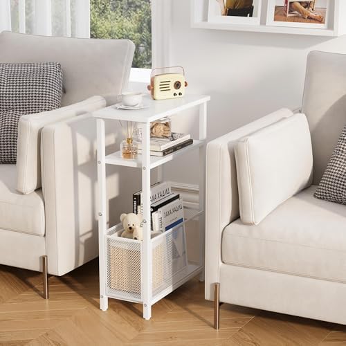 MMEOLUOOK Narrow Side Table with Storage Basket Skinny End Tables for Smalls Spaces 3 Tier Sofa Table Small Nightstand Slim Bedside Table for Living Room Bedroom White MLBZ22W - Image 4