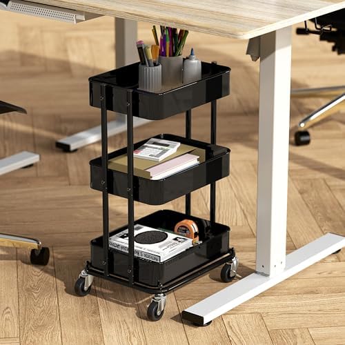 Simple Houseware 3-Tier Utility Cart, Low 24" Height Fits Under Desk, Black - Image 2