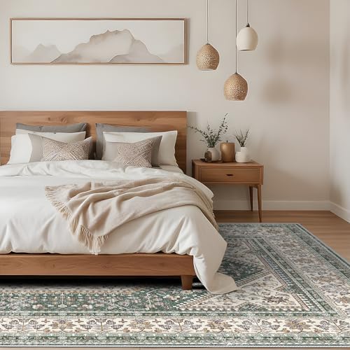 10x14 Washable Area Rug for Living Room - Non-Slip Vintage Rugs Green Beige - Image 2