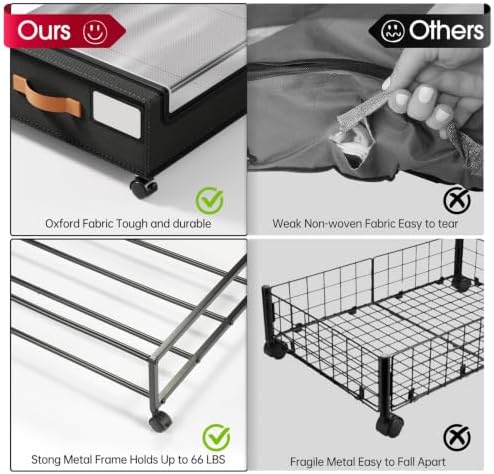 Yecaye Under Bed Storage with Wheels 60L, 2 Pack Under Bed Storage Containers, Underbed Shoe Storage with Clear Window & Label, Rolling Under Bed Metal Drawer for Clothes, Shoes, Books, Black - Image 5