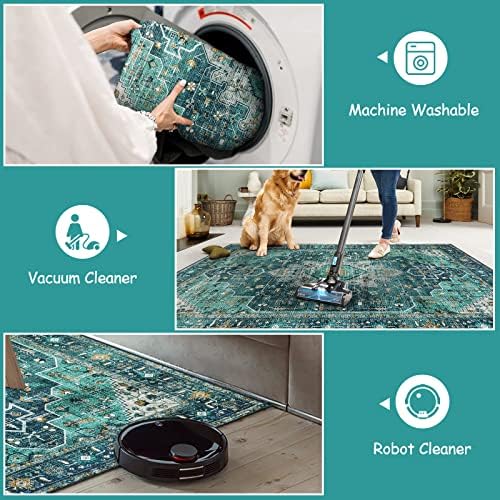 Moynesa Ultra-Thin Washable Vintage Area Rug - 5x7 Large Living Room Rug Boho Oriental Medallion Bedroom Mat Non-Slip Non-Shedding Dining Room Floor Carpet for Home Office, Teal/Mutil - Image 4