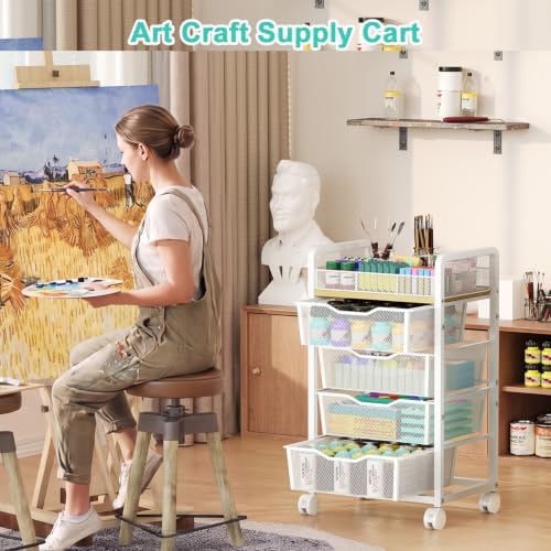 Hongtamoya Rolling Cart with 4 Drawers, Storage Cart with Dividers, White - Image 2