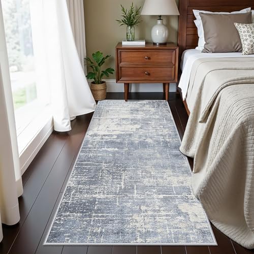 Washable 2x5 Abstract Hallway Runners: Indoor Water Resistant Kitchen Sink Rug Soft Living Room Bedroom Carpet Thin Low Pile Non Slip Floor Mat for Bathroom Entrance Laundry Room(2X5,Blue/Ivory) - Image 2
