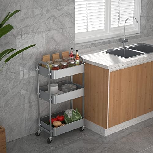 MAX Houser 3-Tier Rolling Utility Cart with Caster Wheels, Silvery-Grey - Image 3