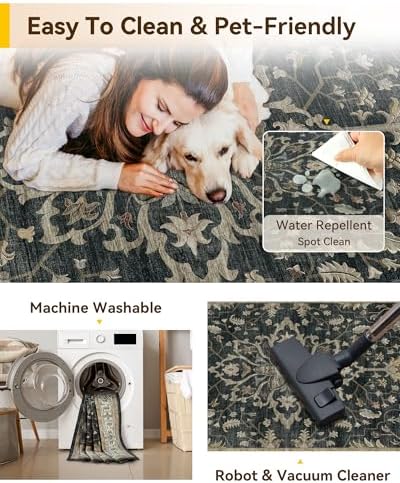 RELEANY Washable Area Rug, 8'x10', Black/Vintage/Beige - Image 6