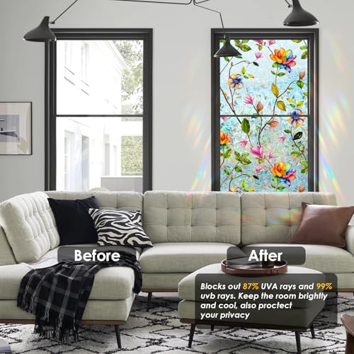 DKTIE Watercolor Garden Floral Stained Glass Window Film 17.7in X 78.7in - Image 3