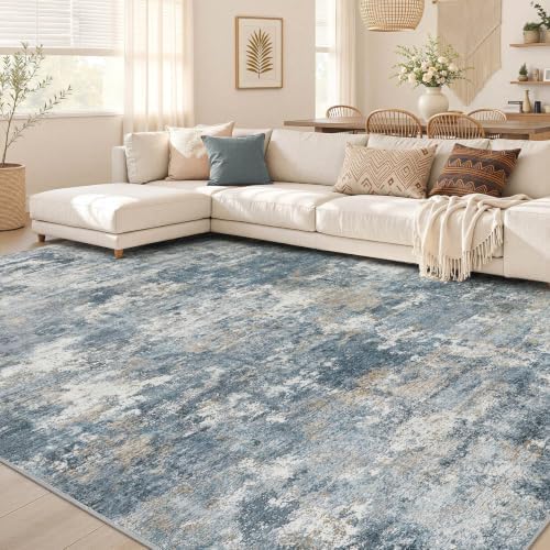 Nakagishi 10x14 Area Rugs Living Room: Washable Abstract Large Neutral Soft Rug Stain Resistant Modern Indoor Floor Non-Slip Carpet for Bedroom Nursery Kids Playroom Office Dining Room Dorm-Blue Brown by NakagishiAreaRug