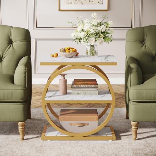 Tribesigns End Table with Storage Shelves, 3-Tier Wooden Industrial Sofa Side Table with Black Metal Frames for Living Room, Slim Nightstand and Bedside Table for Bedroom, White & Gold - Image 4