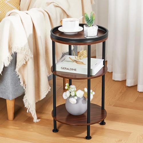 Side Table, Small Round Side Table for Small Spaces, 3-Tier Round Accent Table Slim Side Table, Modern Sofa End Table Corner Table for Living Room Bedroom Nightstand (Classic, Cherry) - Image 2