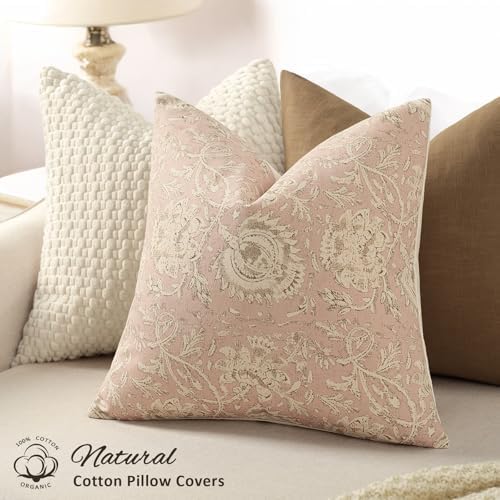 Vintage Floral Print Throw Pillow Covers 20x20 Set of 2 Neutral Modern Farmhouse Pillowcases Accent Decorative Cushion Covers Boho Home Decor for Couch Sofa Chair Bed Living Room, Champagne Pink - Image 2