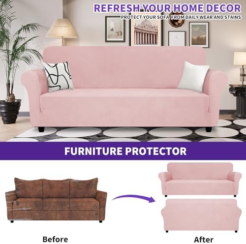 ZNSAYOTX Super Stretch Sofa Cover (72"-92"), New Striped Sofa Covers Fitted Slipcovers with Elastic Bottom, Dog Cat Pets Proof Spandex Washable Fabric Comfortable & Durable (Rose, Sofa) - Image 2