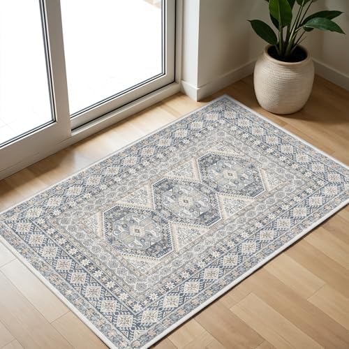 2x3 Area Rug Washable Vintage: Non Slip Throw Rugs for Entryway Floor Blue by Ksrau