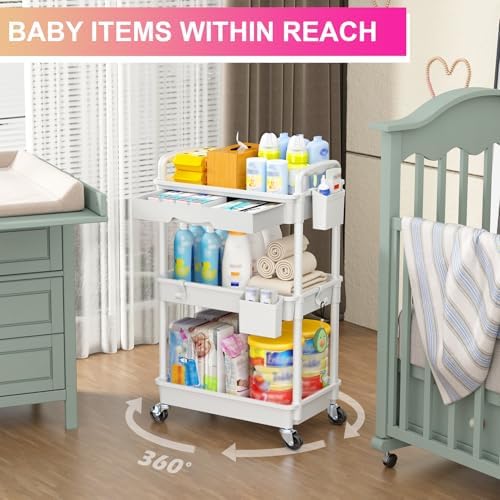 Goovilla 3 Tier Rolling Utility Cart Organizer with Removable Drawer, White - Image 6
