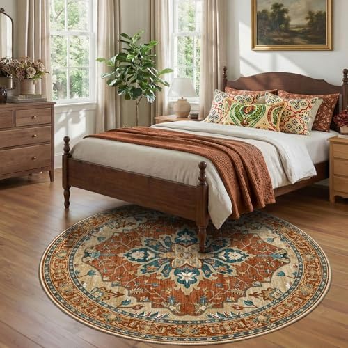 RELEANY Washable Area Rug, Round 7ft, Red/Orange/Blue/Brown - Image 2
