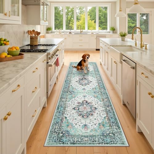 RELEANY Washable Area Rug, Runner 2'x8', Teal Green/White/Navy by RELEANY