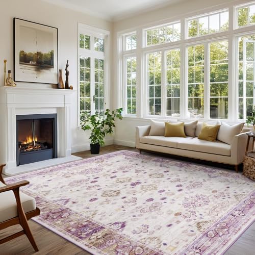 Hanples 5x8 Area Rugs for Living Room, Washable Rug Vintage Floral, Purple - Image 3