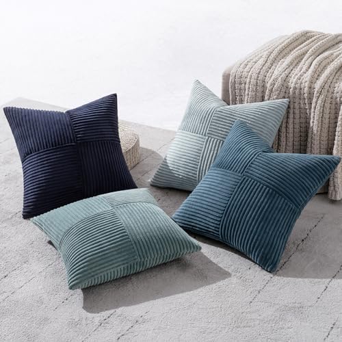 MIULEE Dusty Blue Navy Farmhouse Throw Pillow Covers 20x20 Inch Set of 4 Boho Patchwork Gradient Cushion Cases Western Modern Pillow Cases Corduroy Home Decor for Couch Sofa Living Room Bed - Image 3