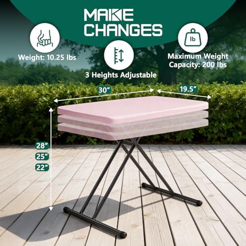 Folding Table 30 Inch - Small Desk Adjustable Height TV Tray for Laptop, Couch, Camping - Heavy Duty Utility Foldable Table for Small Spaces, No Assembly Required, Pink Granite - Image 4