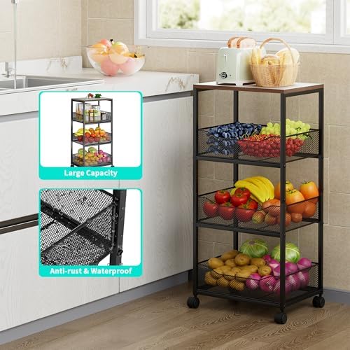 HapiRm Fruit Basket Kitchen Cart - 4-Tier Rolling Storage Cart with Wheels, Fruit Vegetable Basket with Wood Top, Pantry Utility Kitchen Organizer for Fruit Potato Onion Vegetable Bread Snack - Image 6
