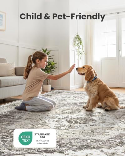 AMADA HOMEFURNISHING Grey 8x10 Area Rug, Washable Low-Profile Large Area Rug with Non-Slip Backing & Durable Edge Binding, Vintage Large Rugs for Living Room, Bedroom - Image 4