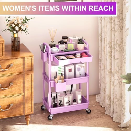 Goovilla 3 Tier Rolling Utility Cart Organizer with Removable Drawer,Purple - Image 5