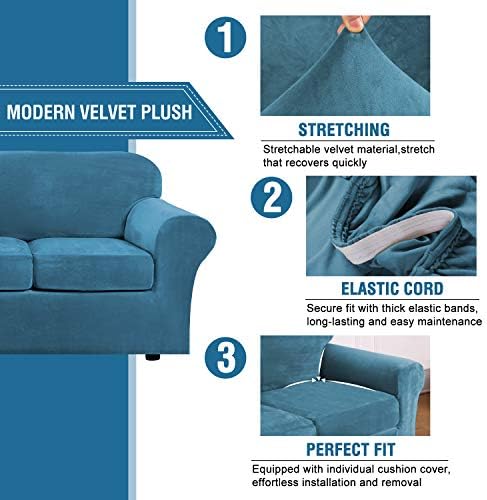 H.VERSAILTEX Rich Velvet Stretch 2 Piece Chair Cover Chair Slipcover Sofa Cover Furniture Protector Couch Soft with Elastic Bottom Chair Couch Cover with Arms Width Up to 49 Inch(Chair,Peacock Blue) - Image 3